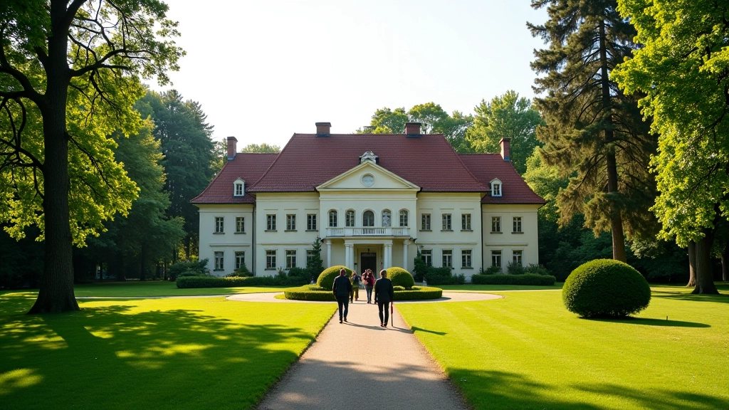 Kulautuvos sanatorijos pastatai ir aiškus parkas, žolė ir dekoratyviniai krūmai, žmonės vaikštinėja
