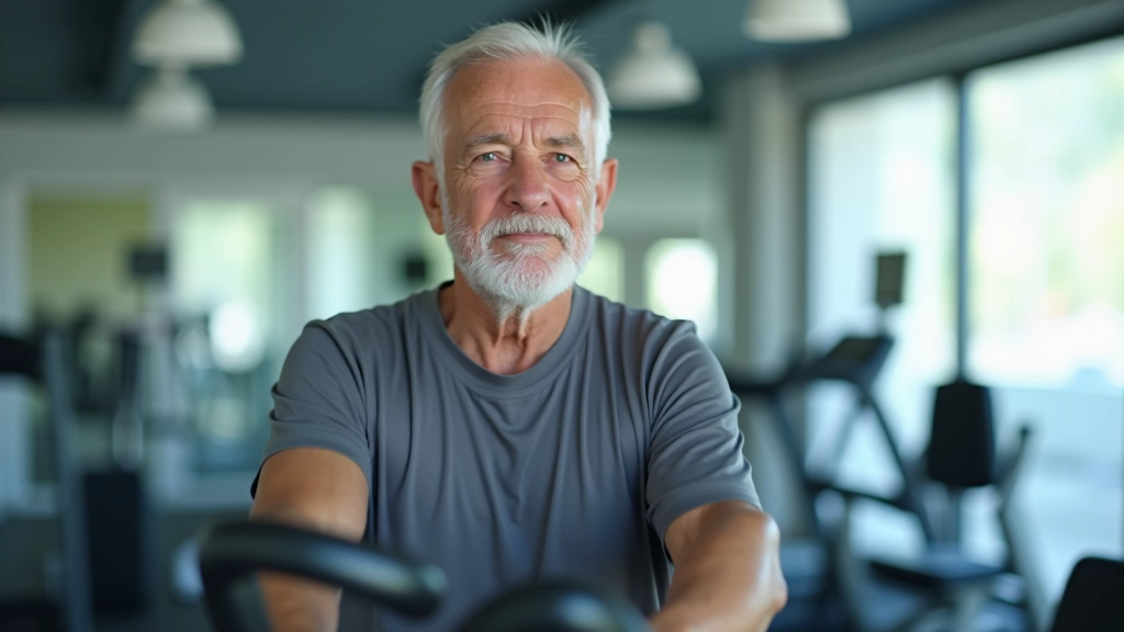 Vyresnio amžiaus žmogus naudoja fitness grandinę sveikatos tyrinėjimams sanatorijoje